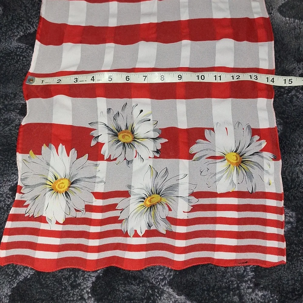Red and White Checkered Scarf with Daisy Print